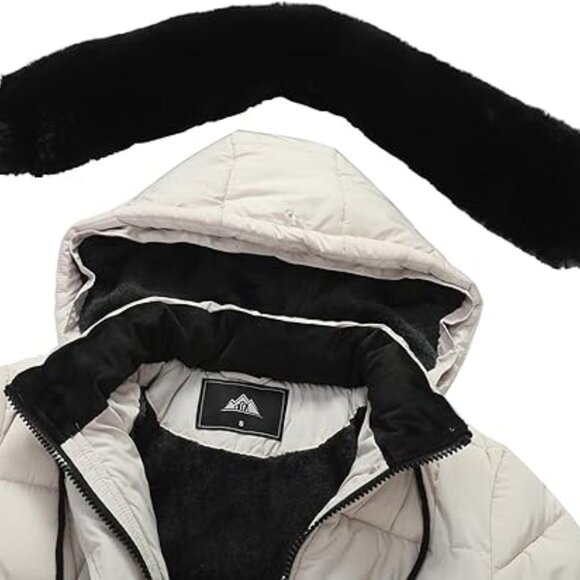 Women Waterproof Long Winter Coat Thickened Down Alternative Beige Puffer Jacket - Picture 4 of 5